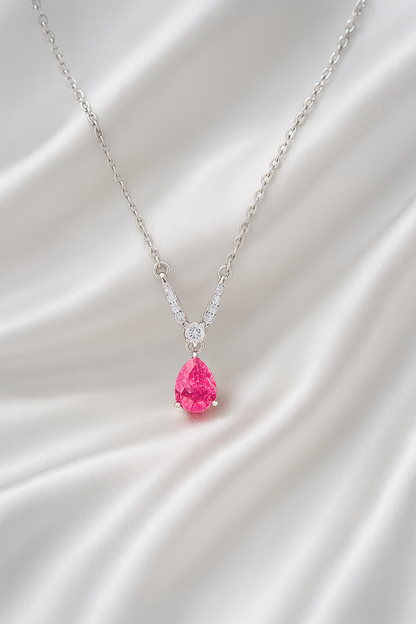 925 Silver Pink Teardrop Solitaire Pendant – Elegant V-Curve CZ Detailing for Timeless Feminine Sparkle