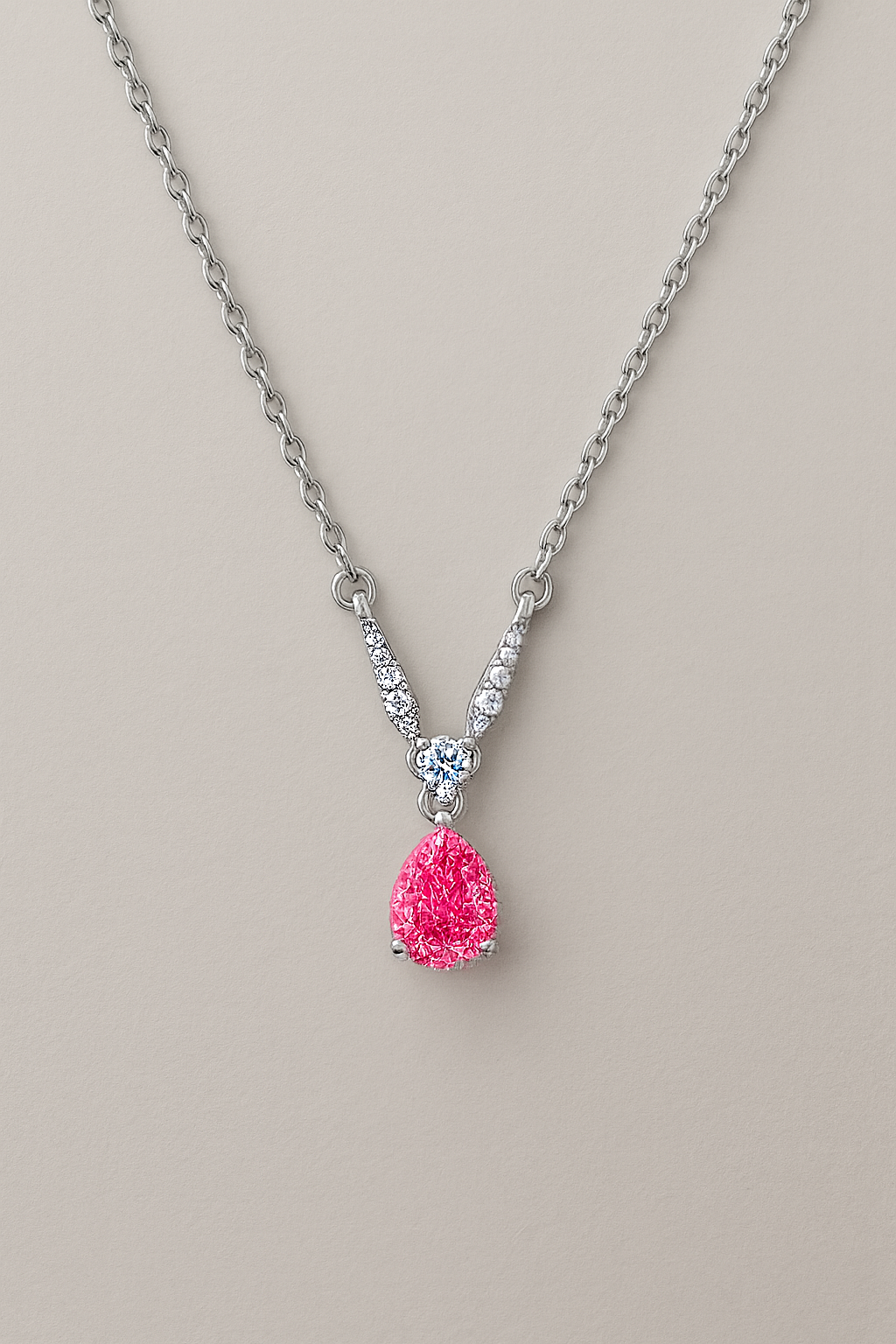 925 Silver Pink Teardrop Solitaire Pendant – Elegant V-Curve CZ Detailing for Timeless Feminine Sparkle