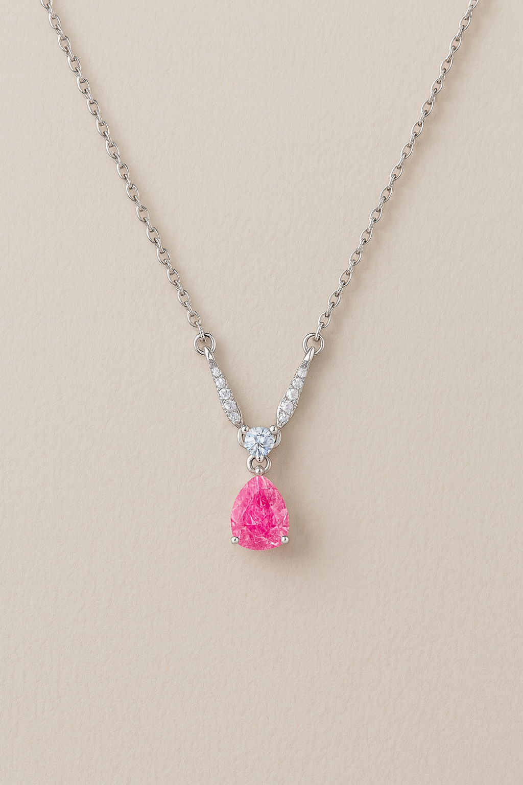 925 Silver Pink Teardrop Solitaire Pendant – Elegant V-Curve CZ Detailing for Timeless Feminine Sparkle