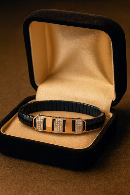 Premium Men’s Black & Rose-Gold Stretch Bracelet – Modern Luxury with Diamond-Cut Detailing