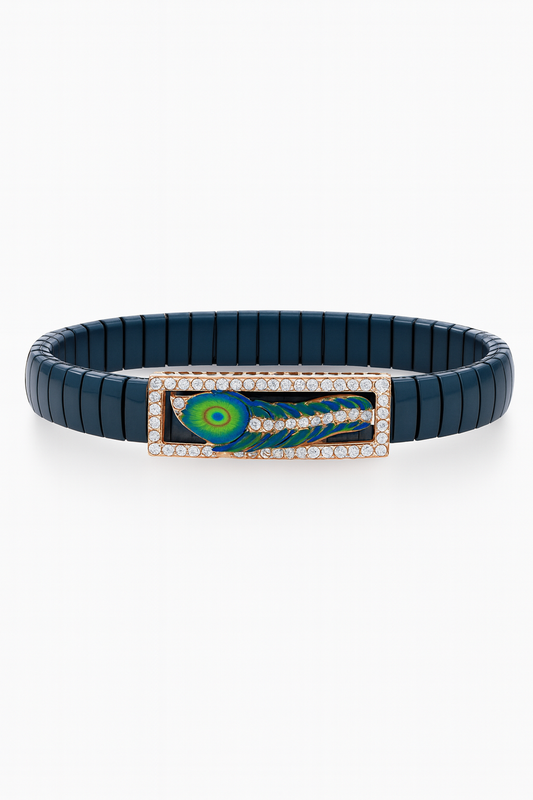 Krishna Peacock Feather Gents Bracelet Blue & Rose Gold with Diamond Look Frame