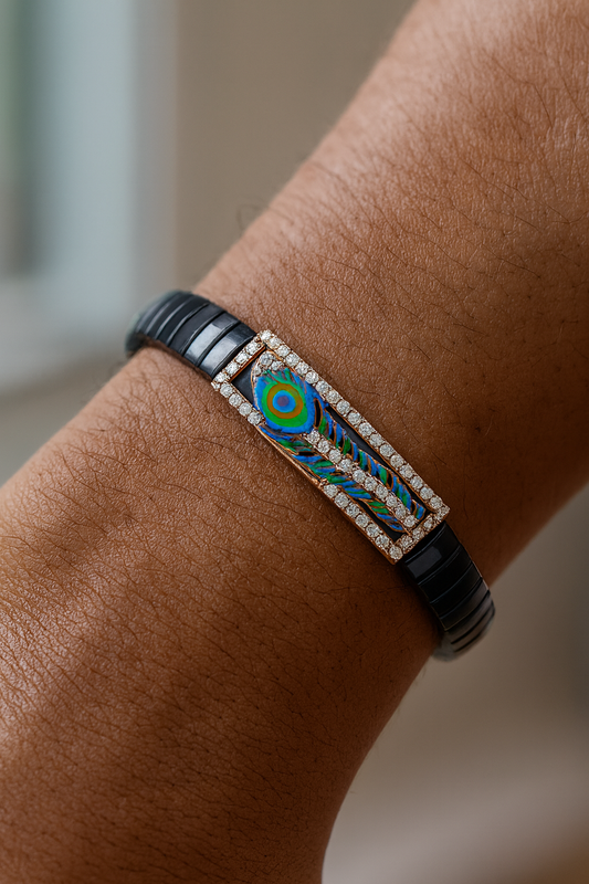 Krishna Peacock Feather Gents Bracelet Blue & Rose Gold with Diamond Look Frame