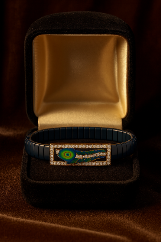 Krishna Peacock Feather Gents Bracelet Blue & Rose Gold with Diamond Look Frame