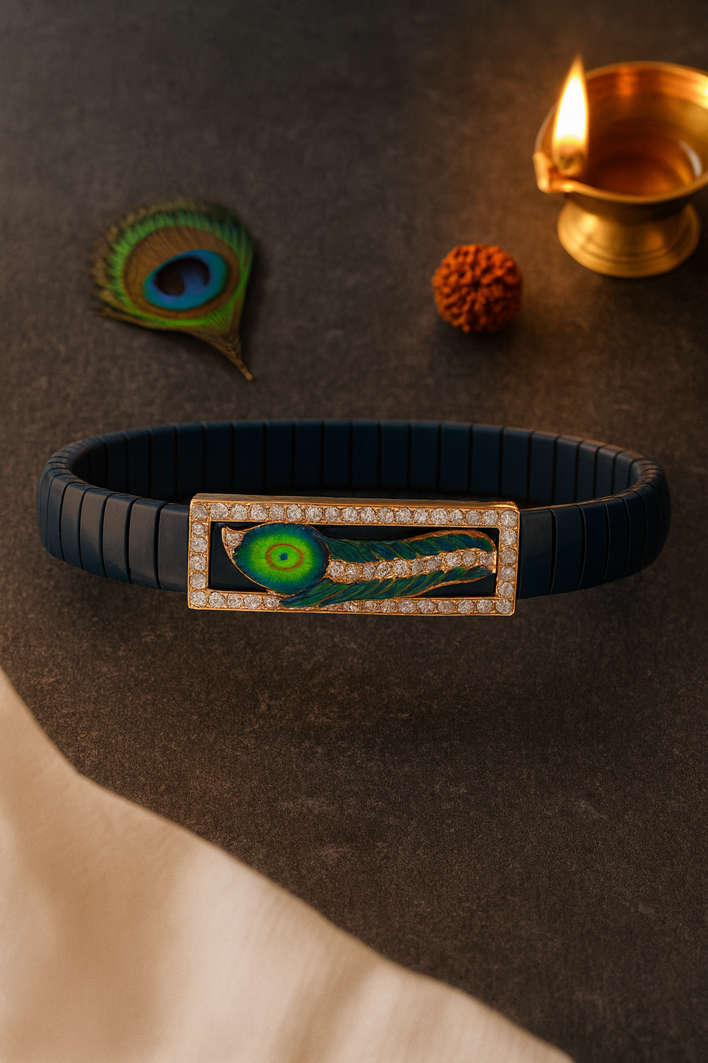 Krishna Peacock Feather Gents Bracelet Blue & Rose Gold with Diamond Look Frame