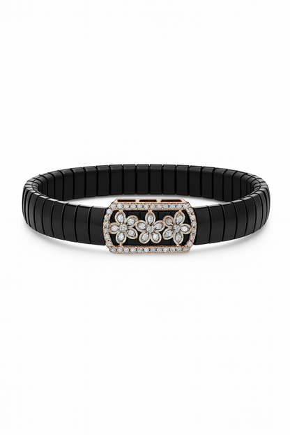 Luxury Floral Gents Bracelet Black & Rose Gold with Diamond Look Flower Panel