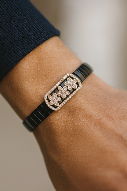 Luxury Floral Gents Bracelet Black & Rose Gold with Diamond Look Flower Panel
