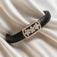 Luxury Floral Gents Bracelet Black & Rose Gold with Diamond Look Flower Panel