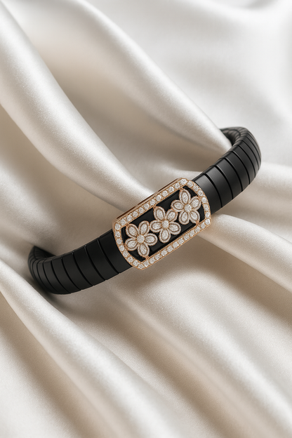 Luxury Floral Gents Bracelet Black & Rose Gold with Diamond Look Flower Panel