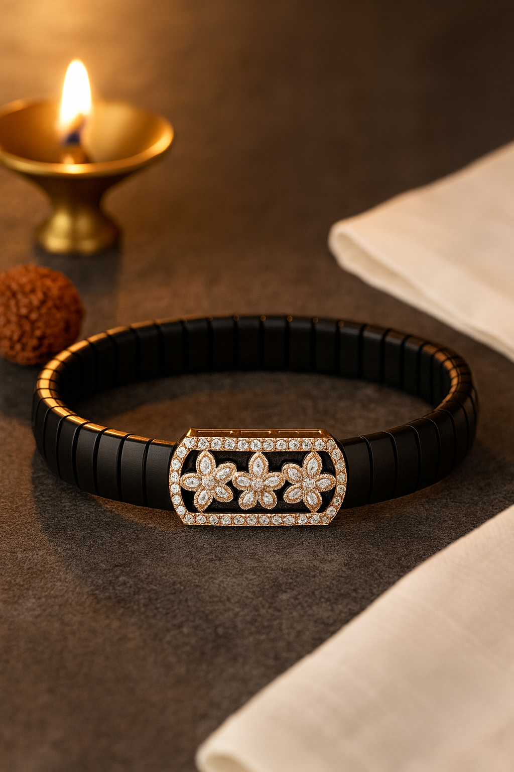 Luxury Floral Gents Bracelet Black & Rose Gold with Diamond Look Flower Panel