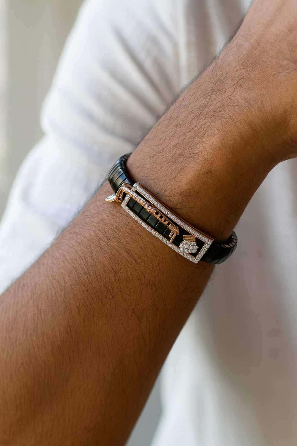 Krishna Bansuri Gents Bracelet Black & Rose Gold with Diamond Look Detail