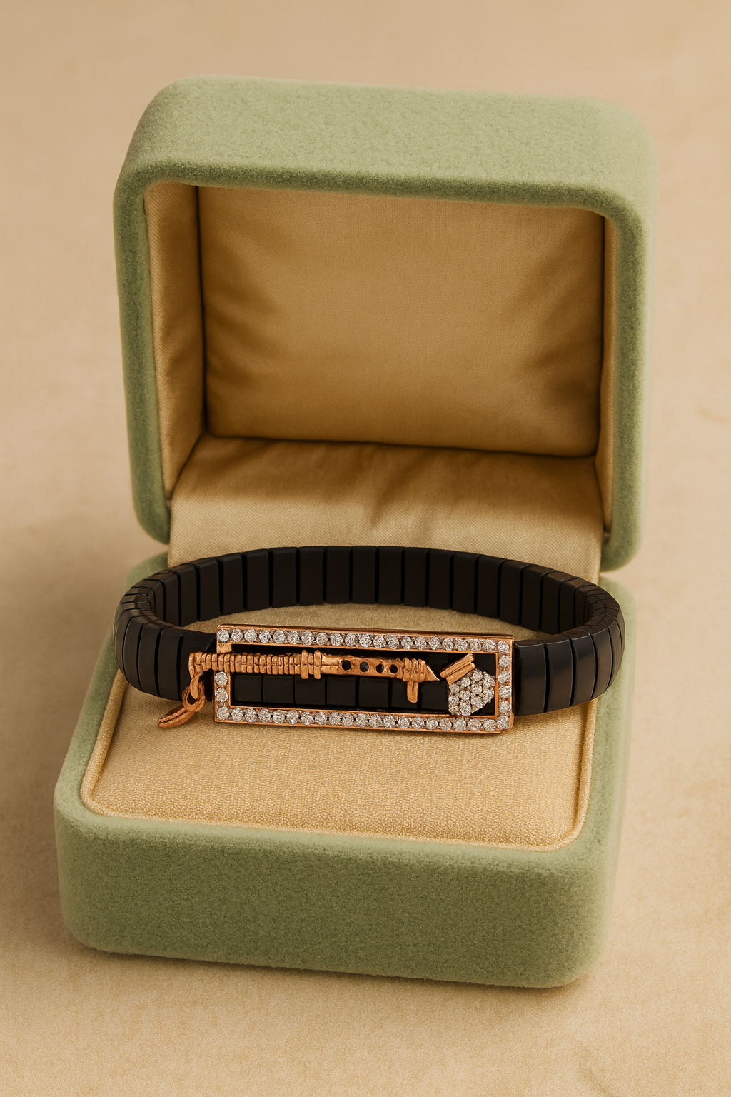 Krishna Bansuri Gents Bracelet Black & Rose Gold with Diamond Look Detail