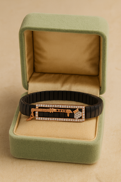 Krishna Bansuri Gents Bracelet Black & Rose Gold with Diamond Look Detail