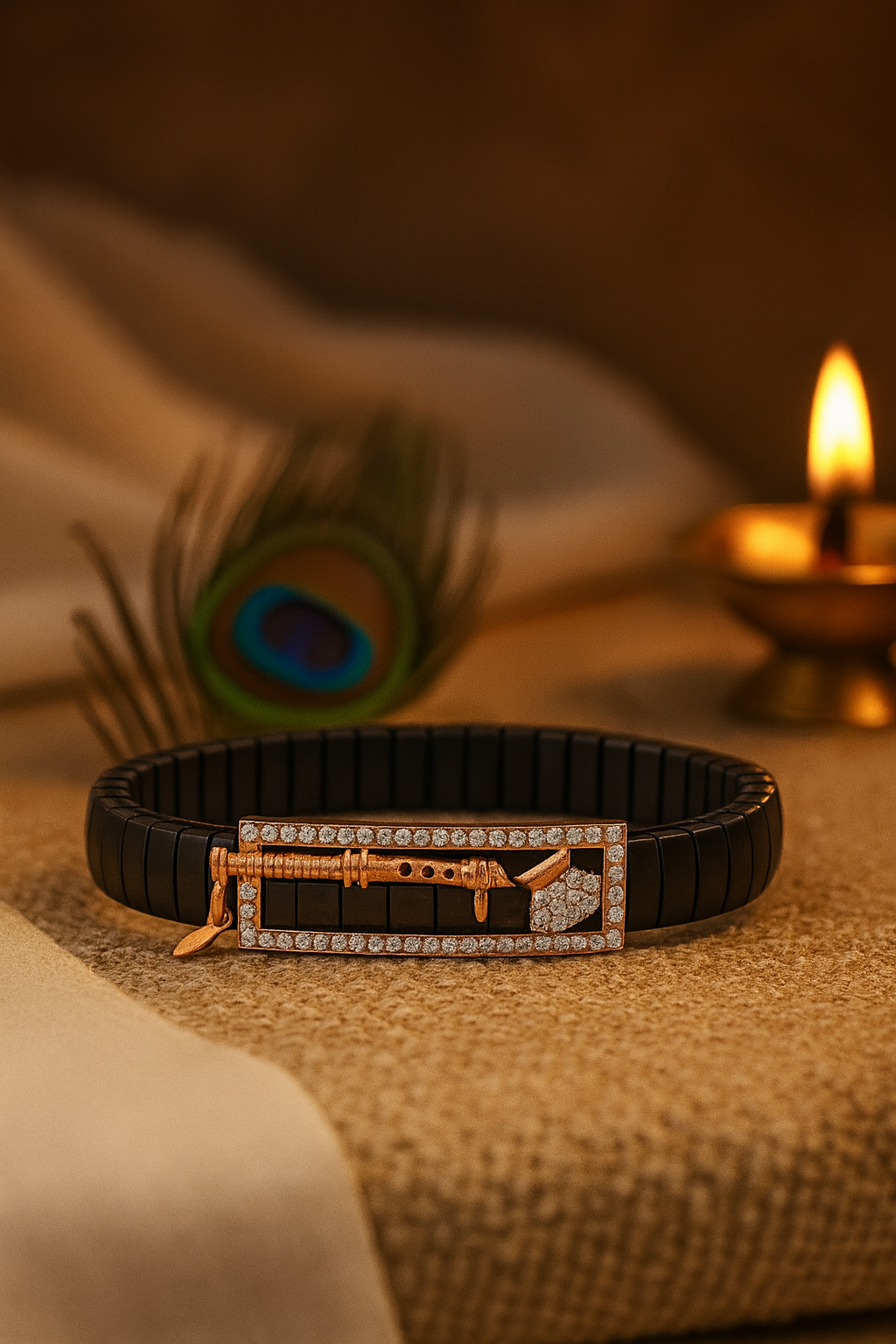Krishna Bansuri Gents Bracelet Black & Rose Gold with Diamond Look Detail