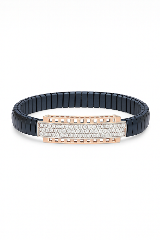 Classic Bar Gents Bracelet Blue & Rose Gold with Full Diamond Look Panel