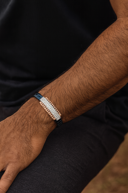 Classic Bar Gents Bracelet Blue & Rose Gold with Full Diamond Look Panel