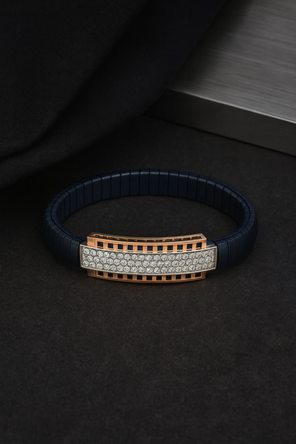 Classic Bar Gents Bracelet Blue & Rose Gold with Full Diamond Look Panel