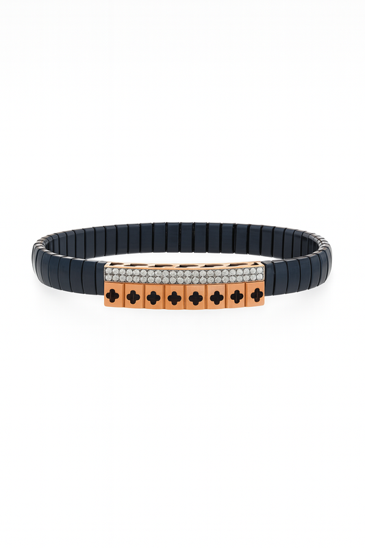 Cross Pattern Gents Bracelet Blue & Rose Gold with Diamond Look Blocks