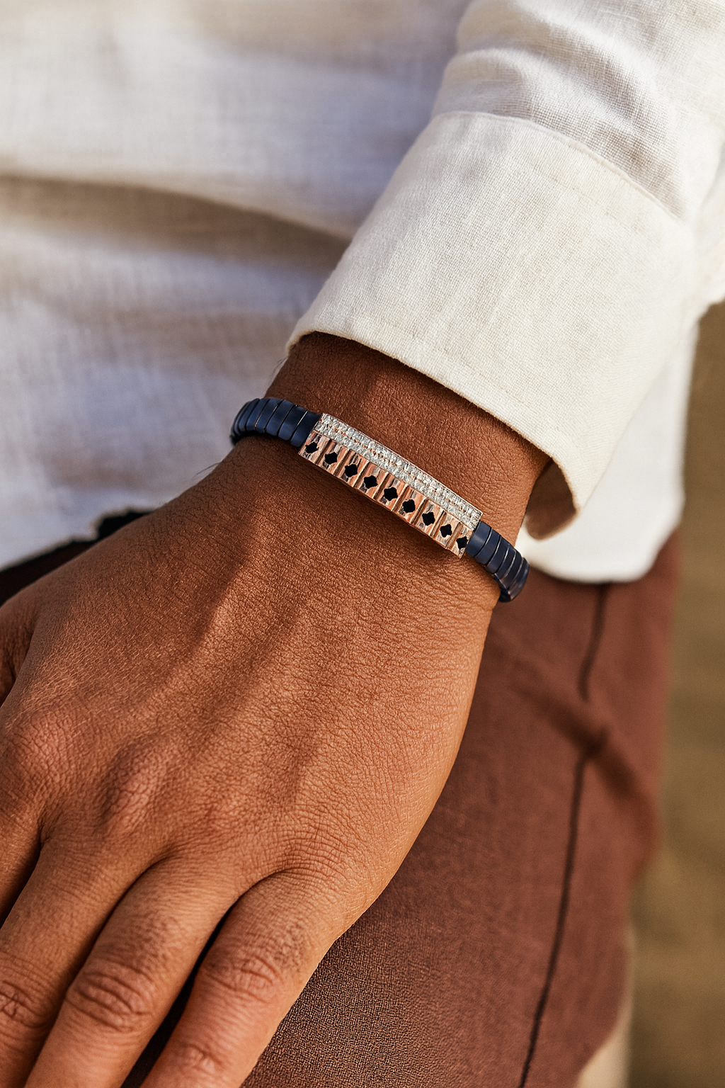 Cross Pattern Gents Bracelet Blue & Rose Gold with Diamond Look Blocks