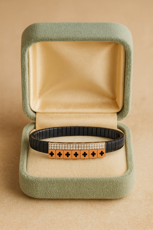 Cross Pattern Gents Bracelet Blue & Rose Gold with Diamond Look Blocks