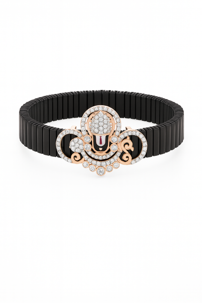 Divine Ganesha Gents Bracelet Black & Rose Gold with Diamond Look Motif