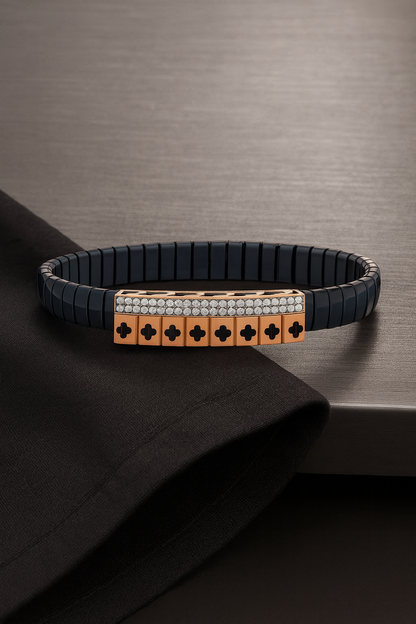Cross Pattern Gents Bracelet Blue & Rose Gold with Diamond Look Blocks