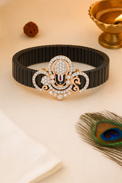 Divine Ganesha Gents Bracelet Black & Rose Gold with Diamond Look Motif