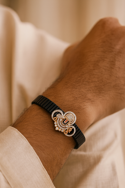 Divine Ganesha Gents Bracelet Black & Rose Gold with Diamond Look Motif