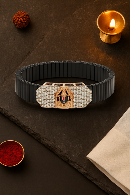 Balaji Temple Gents Bracelet Black & Rose Gold with Diamond Look Panel
