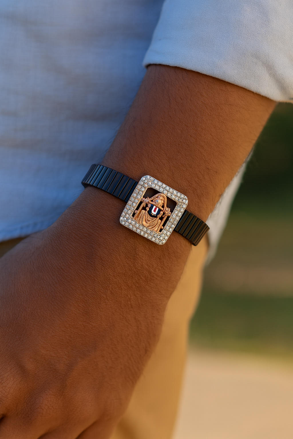 Square Balaji Gents Bracelet Black & Rose Gold with Diamond Look Frame