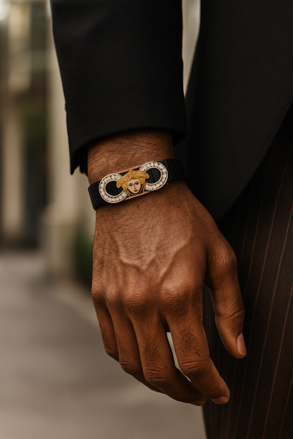 Luxury Face Gents Bracelet Black & Rose Gold with Diamond Look Halo