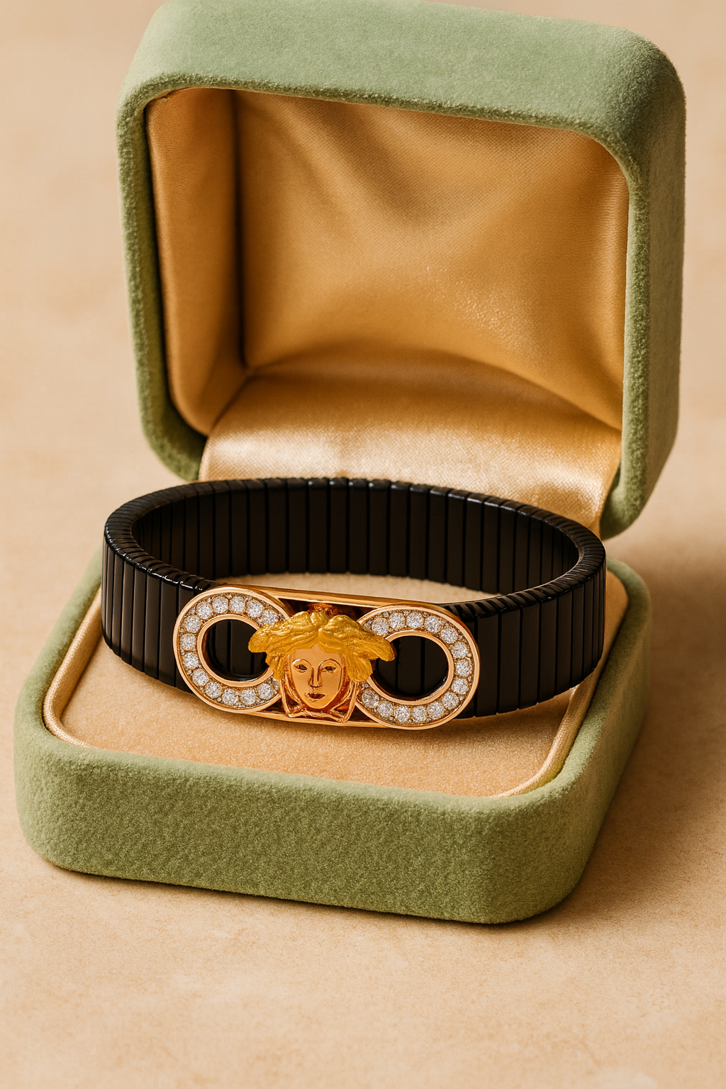 Luxury Face Gents Bracelet Black & Rose Gold with Diamond Look Halo