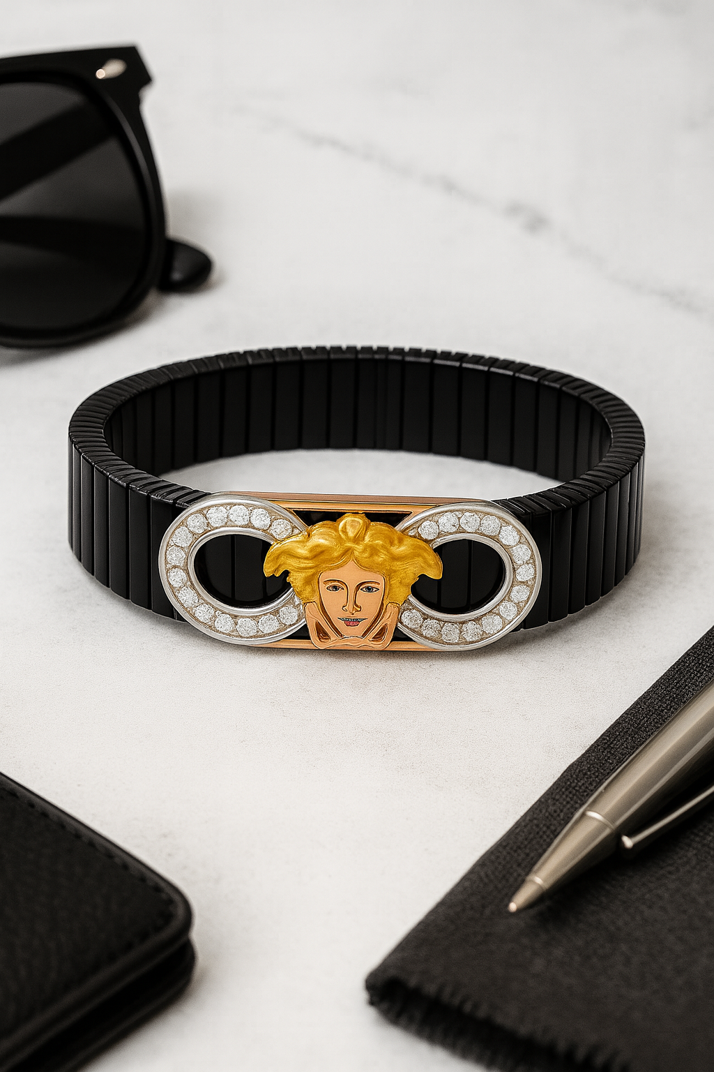 Luxury Face Gents Bracelet Black & Rose Gold with Diamond Look Halo