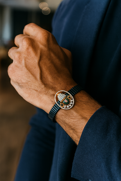 Balaji Devotional Gents Bracelet Black & Rose Gold with Diamond Look Halo