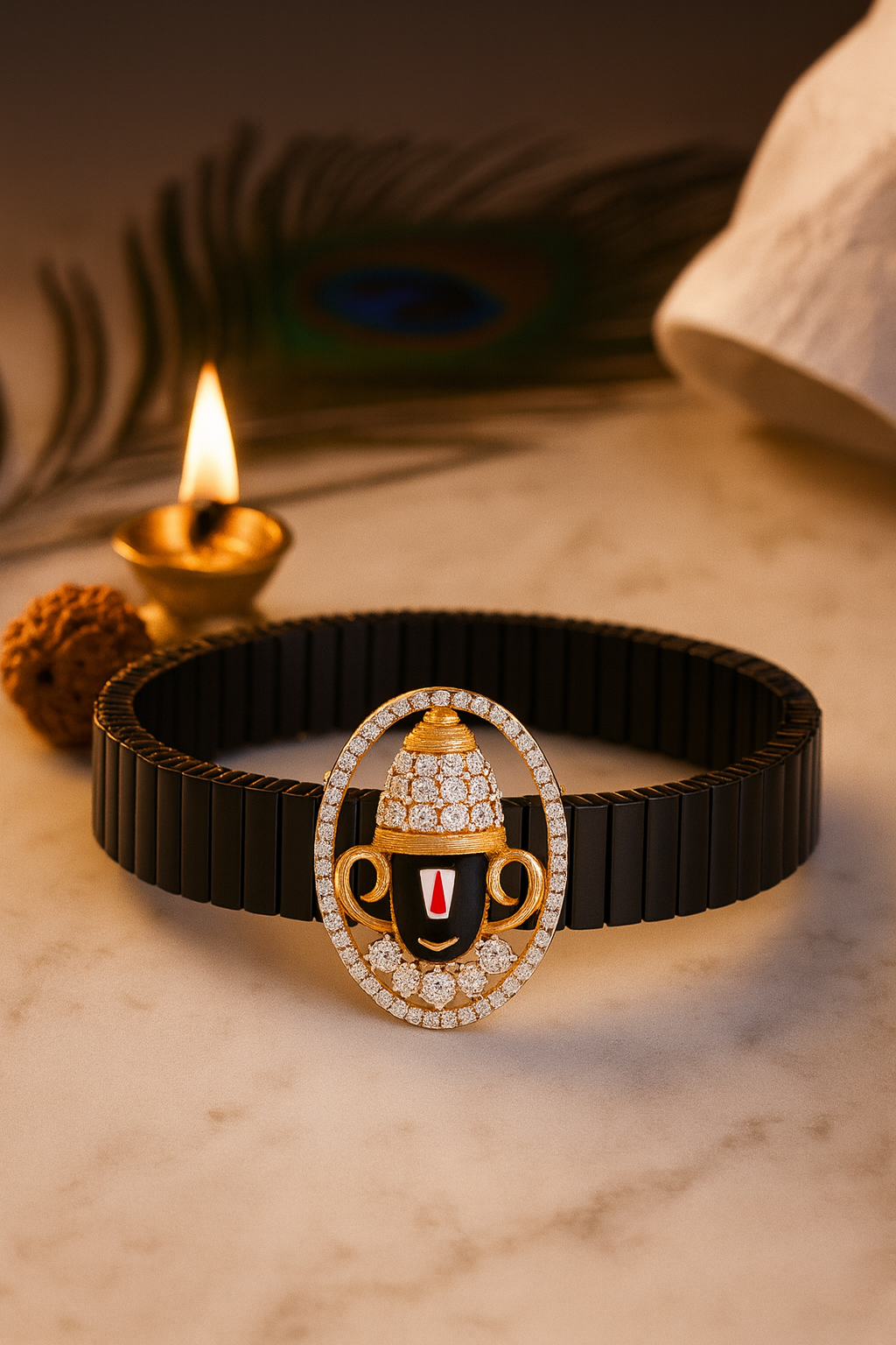 Balaji Devotional Gents Bracelet Black & Rose Gold with Diamond Look Halo