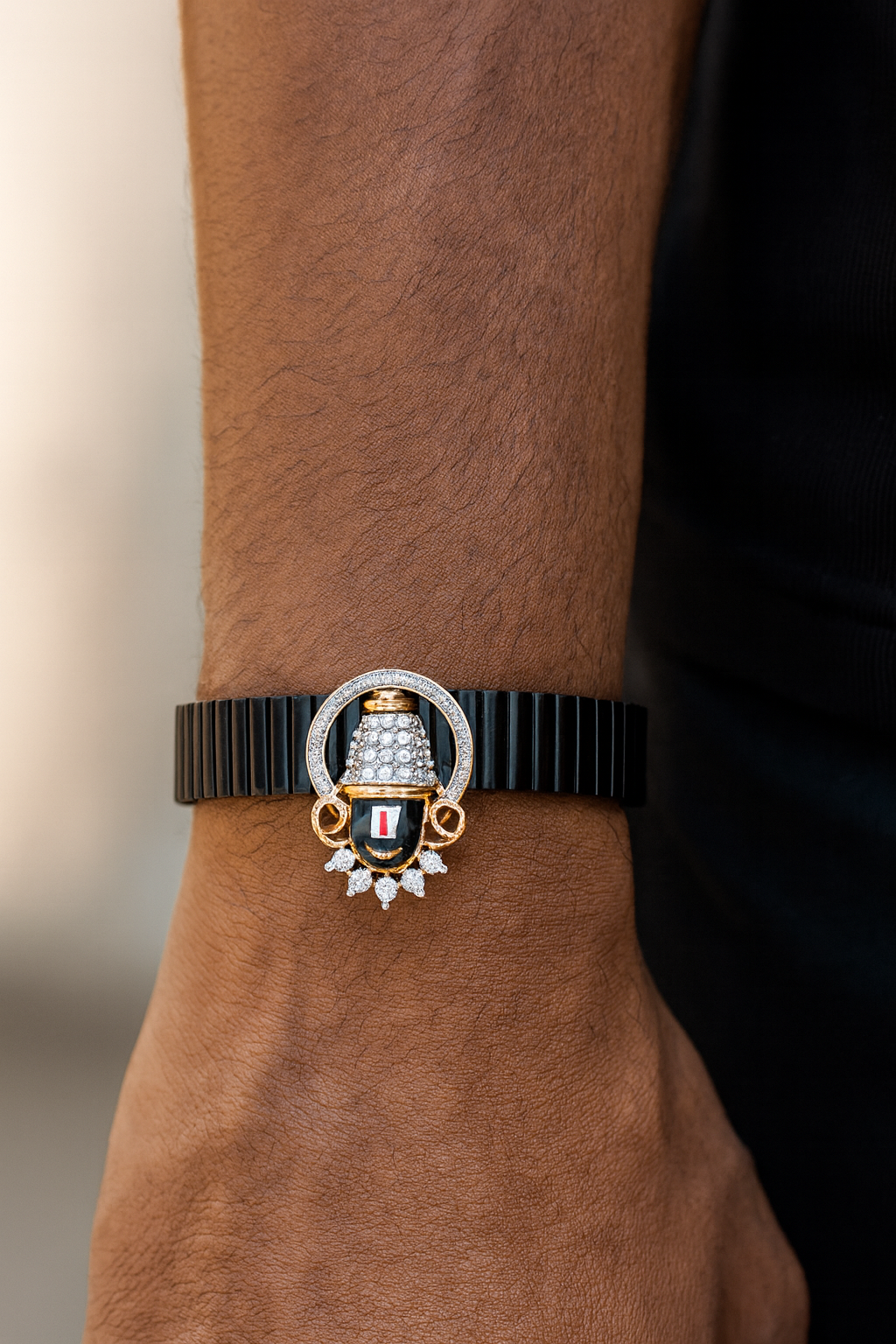 Elegant Balaji Gents Bracelet Black & Rose Gold with Diamond Look Drop