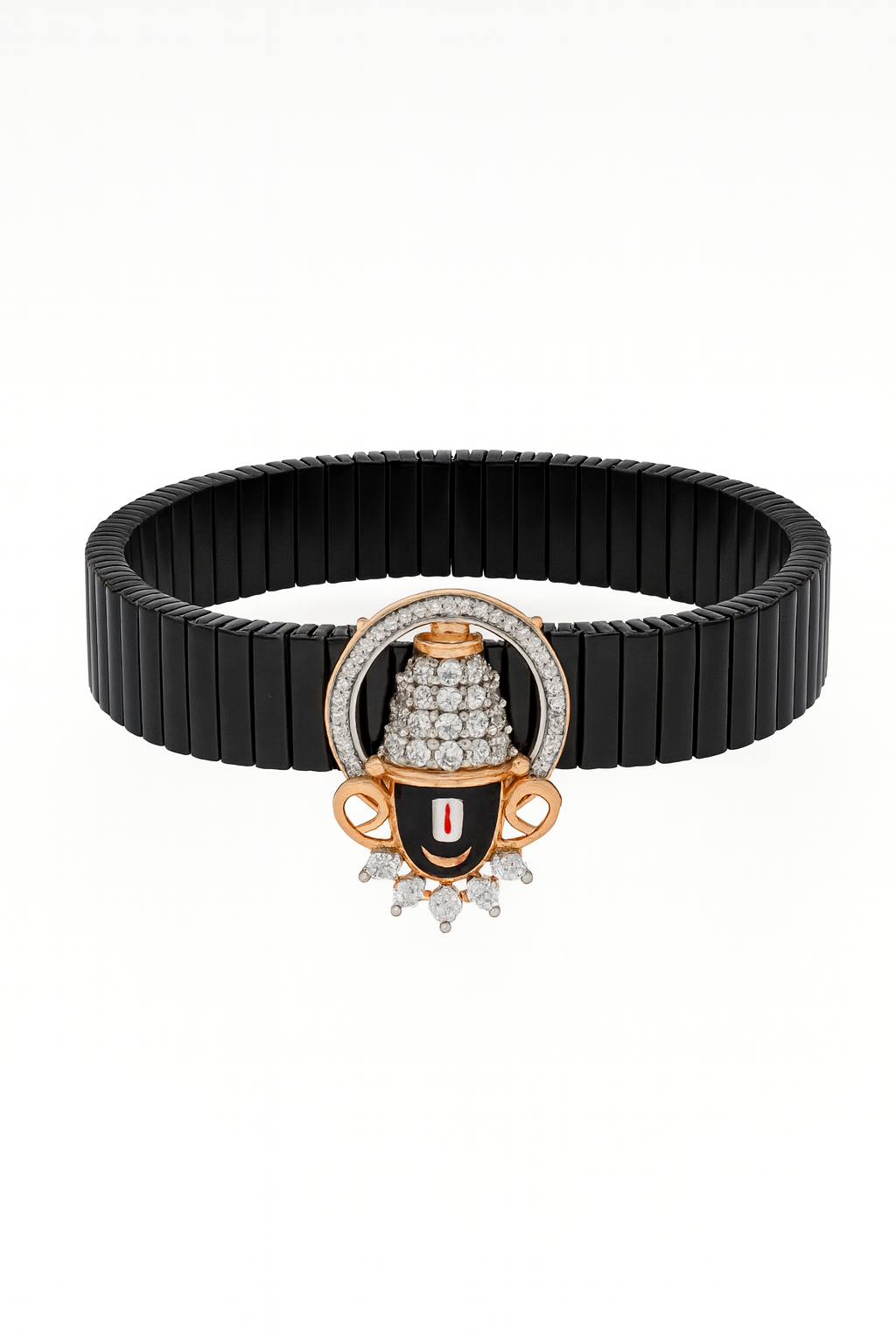 Elegant Balaji Gents Bracelet Black & Rose Gold with Diamond Look Drop