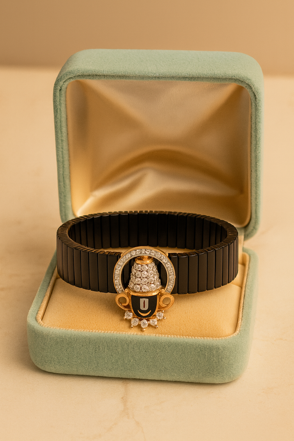 Elegant Balaji Gents Bracelet Black & Rose Gold with Diamond Look Drop