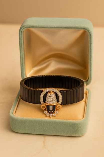 Elegant Balaji Gents Bracelet Black & Rose Gold with Diamond Look Drop