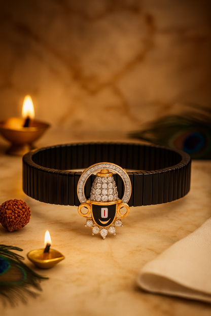 Elegant Balaji Gents Bracelet Black & Rose Gold with Diamond Look Drop