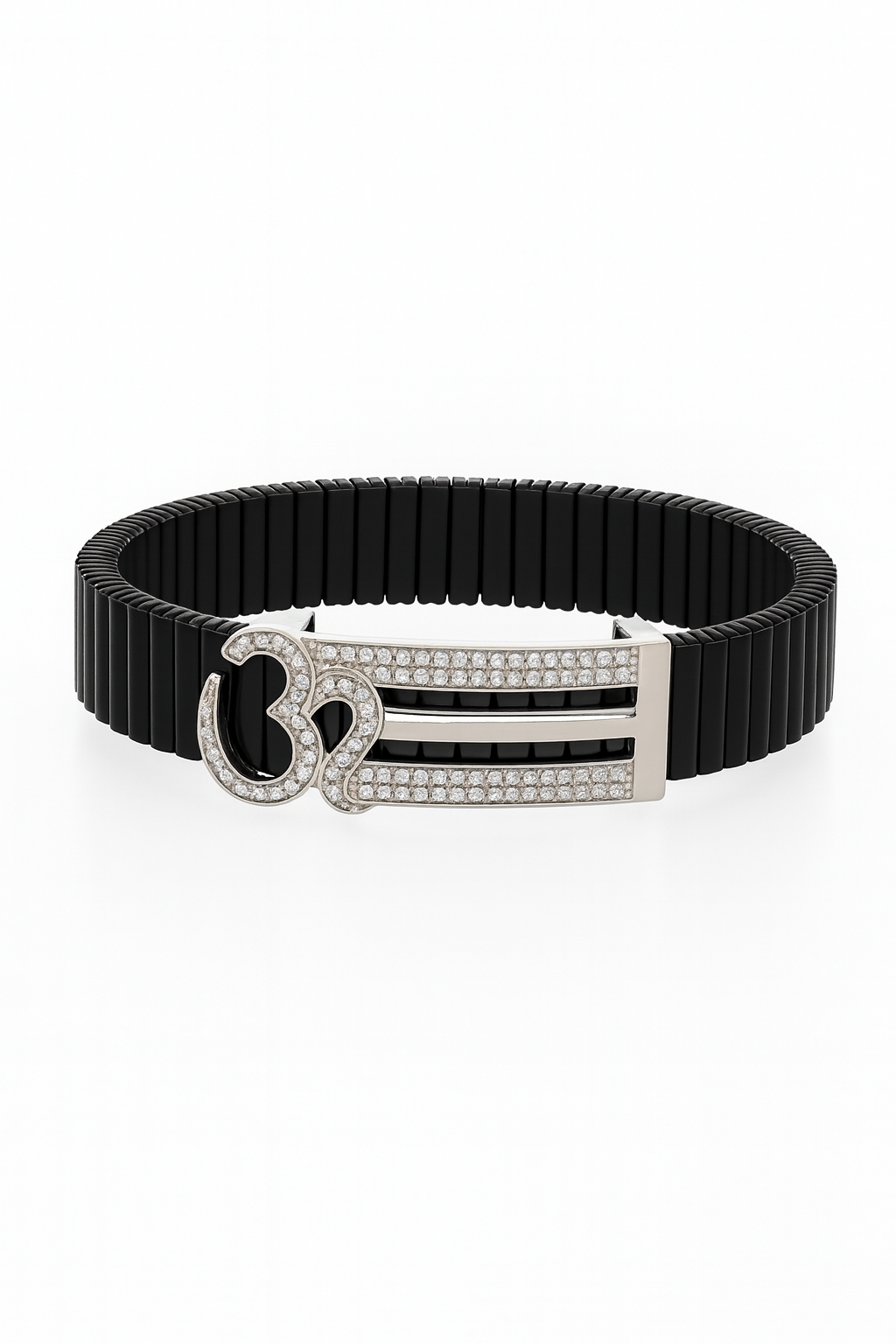 Om Symbol Gents Bracelet Black & Silver with Diamond Look Strip