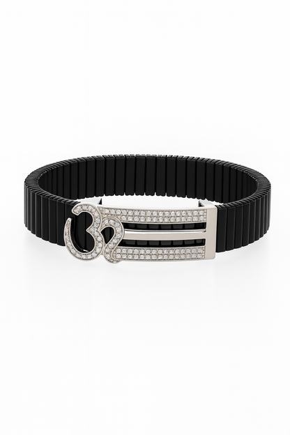 Om Symbol Gents Bracelet Black & Silver with Diamond Look Strip