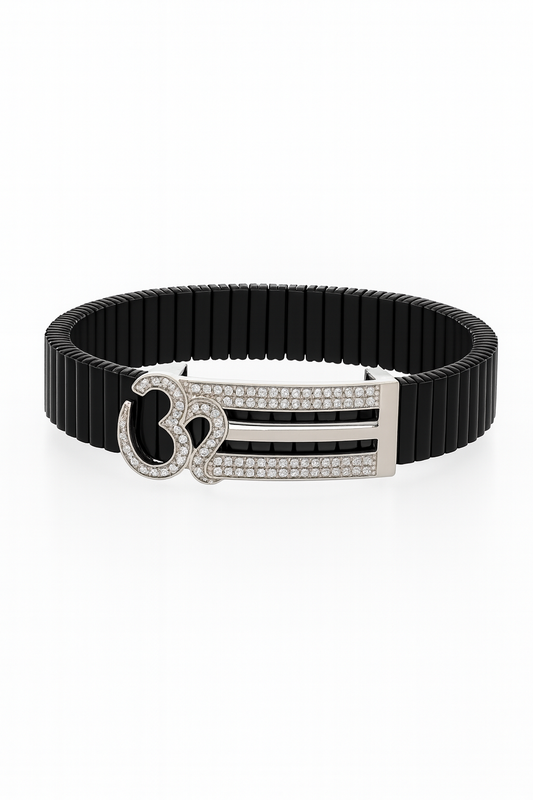 Om Symbol Gents Bracelet Black & Silver with Diamond Look Strip