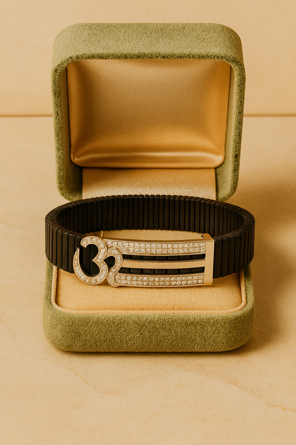 Om Symbol Gents Bracelet Black & Silver with Diamond Look Strip