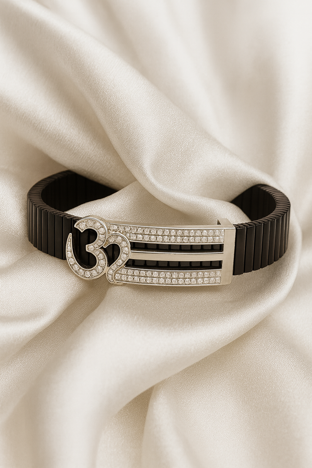 Om Symbol Gents Bracelet Black & Silver with Diamond Look Strip