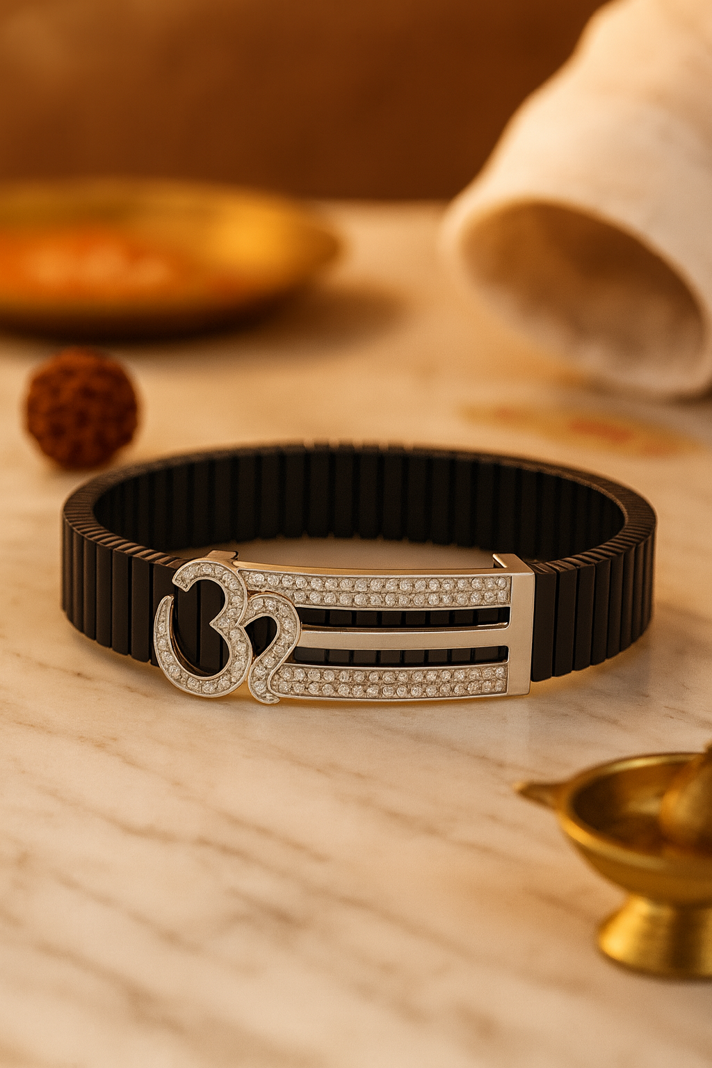 Om Symbol Gents Bracelet Black & Silver with Diamond Look Strip