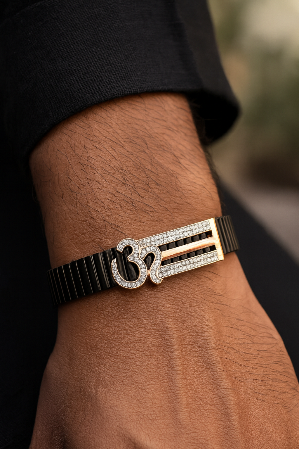 Om Symbol Gents Bracelet Black & Silver with Diamond Look Strip