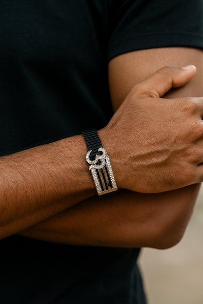 Om Symbol Gents Bracelet Black & Silver with Diamond Look Strip