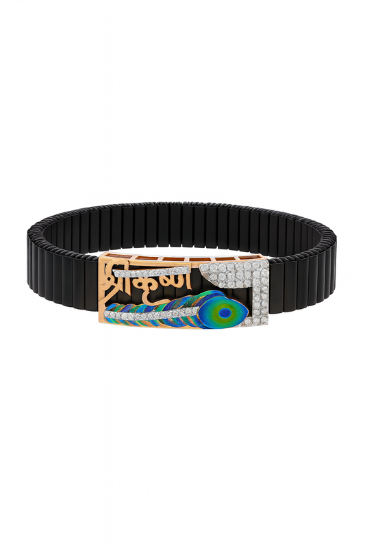 Krishna Peacock Feather Gents Bracelet Black & Rose Gold with Diamond Look Panel