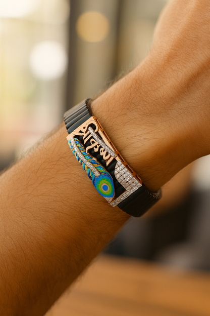 Krishna Peacock Feather Gents Bracelet Black & Rose Gold with Diamond Look Panel