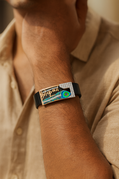 Krishna Peacock Feather Gents Bracelet Black & Rose Gold with Diamond Look Panel